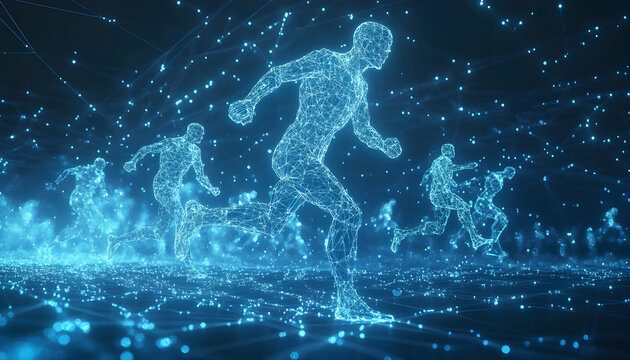 Wireframe figures run across glowing blue landscape, embodying virtual battle. Digital constructs engage in simulated combat. Futuristic soldiers, abstract technology network, particles form human