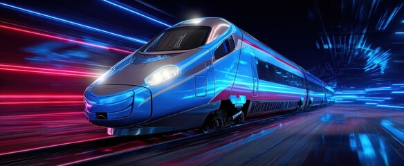 The high-speed train in a dynamic neon-lit urban environment.