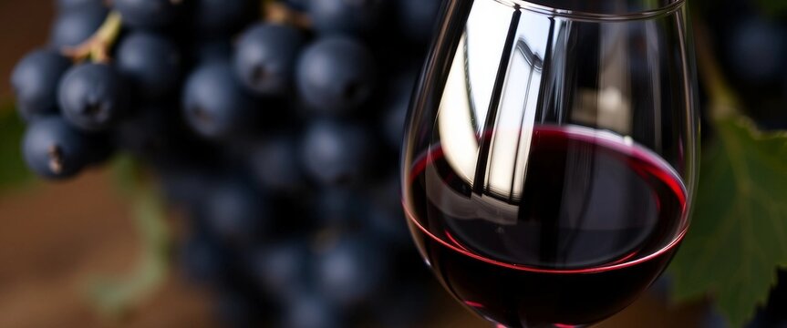 Elegantes Weinglas mit Rotwein vor dunklen Trauben. Spiegelungen im Glas, intensives Farbspiel, warmes Licht, unscharfer Hintergrund