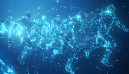 Wireframe figures run across glowing blue landscape, embodying virtual battle. Digital constructs engage in simulated combat. Futuristic soldiers, abstract technology network, particles form human