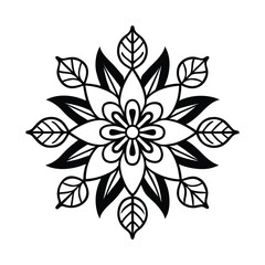 Black and White Mandala Floral Design with Leaves and Symmetry