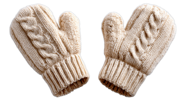 Warm Mittens: Two soft, woven cream-colored mittens, symbolizing the warmth and comfort of winter, ideal for winter apparel or a cozy seasonal theme.