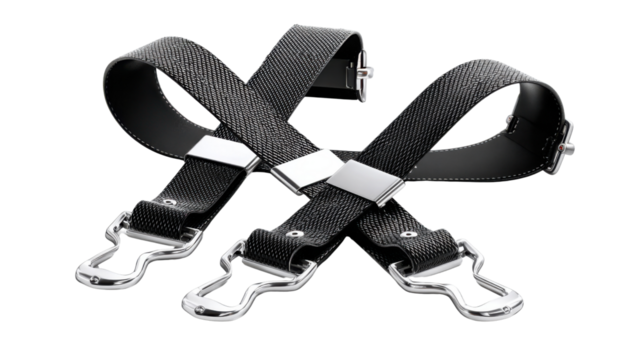 Elegant Straps: A close-up image of a pair of intricately designed leather straps, their sleek curves and polished metal buckles catching the light, embodying modern sophistication.