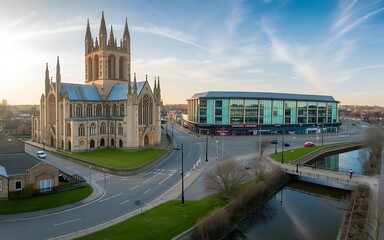 Gothic cathedral and modern building beside a canal under a blue sky with wispy clouds architecture
