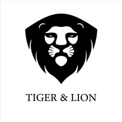 A bold lion head logo within a shield shape, accompanied by the text tiger lion, isolated on white background