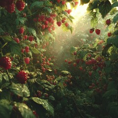 Raspberry bushes glimmering in morning light on a dewy summer day