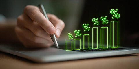 Business graph with percentage, special offer of shopping department store discount and tax concept, adjusting interest rates, raising interest rates to fight inflation, returns on investments.