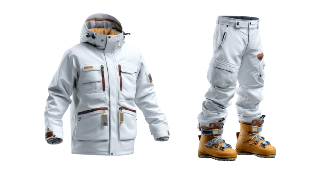 Winter Gear Essentials: A comprehensive view of advanced winter apparel. A meticulously arranged set of insulated jacket, stylish trousers, and robust ski boots.