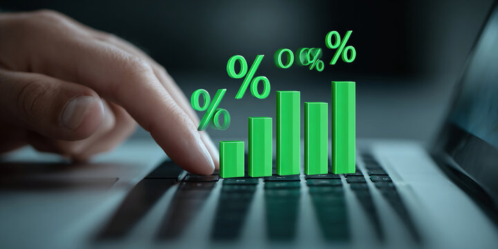 Business graph with percentage, special offer of shopping department store discount and tax concept, adjusting interest rates, raising interest rates to fight inflation, returns on investments.