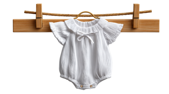 Newborn’s Embrace: A delicate, pristine white romper, hung on a wooden clothesline with charming clothespins, evokes the tender essence of infancy.