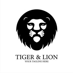 Bold black silhouette logo of a lions head with text, isolated on white background