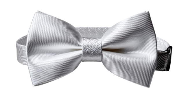 Elegance in Silver: A crisp, pristine, and impeccably crafted silver bow tie, showcasing refined fashion details.