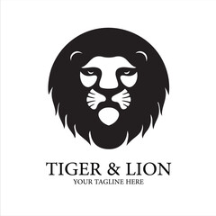 Bold black silhouette logo of a lions head with text, isolated on white background