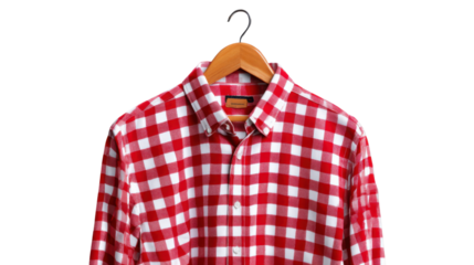 Red Checked Shirt on Hanger: A vibrant red and white checked shirt is meticulously displayed on a wooden hanger, showcasing classic style and timeless design.
