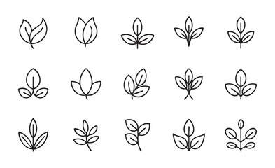 Fifteen black line art leaf icons with simple outlines leaves plant
