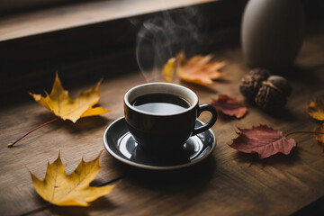 Steaming coffee cup surrounded by autumn leaves saucer