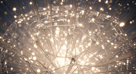 A captivating close-up of a complex network of illuminated fibers, reminiscent of a dandelion, neurons, or a futuristic light fixture.