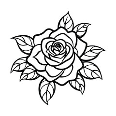 Elegant Rose Line Drawing with Detailed Leaves and Petals