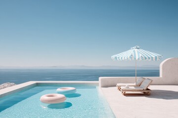 Obraz premium Serene luxury infinity pool with floating rings and umbrella overlooking the sparkling blue ocean on a sunny day