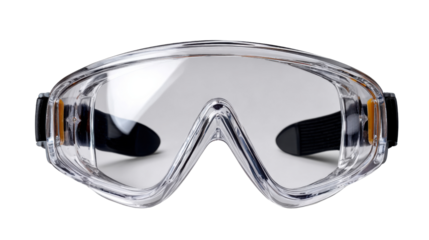 Protective eyewear: Close-up shot of essential safety glasses. It is a photorealistic image, showcasing every curve and detail of the protective eyewear, symbolizing focus and security.