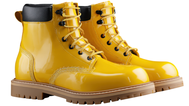Yellow Work Boots: A pair of vibrant yellow work boots, showcasing rugged durability and protection for the worker.