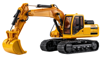 Excavator at Construction: A powerful yellow excavator, stands ready for its construction work on a project site, its robust build and design is highlighting the strength and efficiency