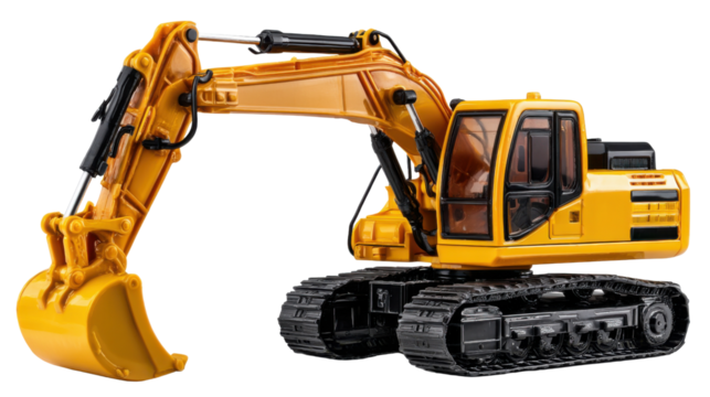 Excavator at Construction: A powerful yellow excavator, stands ready for its construction work on a project site, its robust build and design is highlighting the strength and efficiency