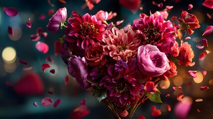Obraz premium Romantic Bouquet of Red and Pink Peonies with Floating Petals in Dreamy Light perfect for wedding invitations, floral branding, romantic advertising and spring season promotions