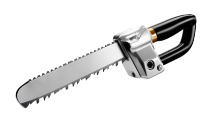 Chainsaw: A close-up shot of a metallic chainsaw featuring its teeth, handle, and overall construction, emphasizing its design and functional attributes.