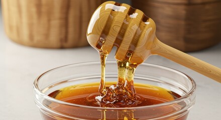 Viscous Golden Honey Drips from Wooden Dipper into Glass Bowl