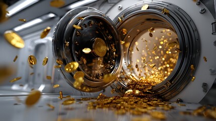 Futuristic 3D Render of Golden Coins Flying from Vault Interior perfect for financial technology ads, cryptocurrency campaigns, wealth management visuals and digital banking promotions