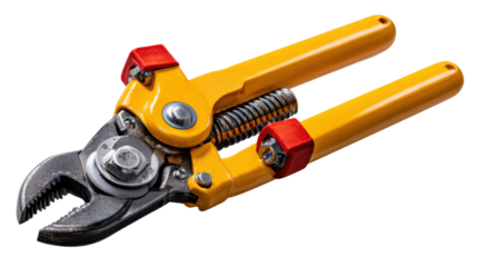Pruning Shears Close-Up: A professional image showcases the robust detail of a yellow and black pruning shears. The sharp, curved blade suggests effortless trimming for any garden project.