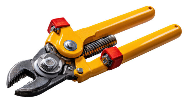 Pruning Shears Close-Up: A professional image showcases the robust detail of a yellow and black pruning shears. The sharp, curved blade suggests effortless trimming for any garden project.