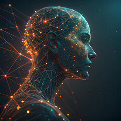 Expansive neural grid network forming the shape of a face and extending into dark digital space.