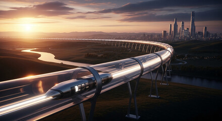 High-speed train in transparent tube, futuristic transport system against sunset city backdrop, showcasing innovative technology and fast travel concept