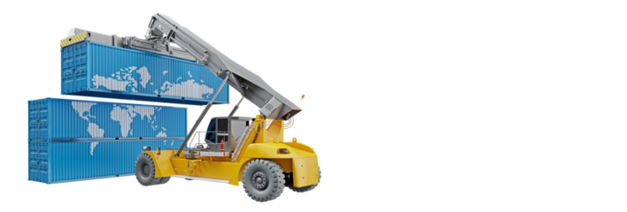 Yellow container handler positioning blue containers to form a continuous World Map across side walls. Isolated on transparent background. Concept of global business. 3D illustration.