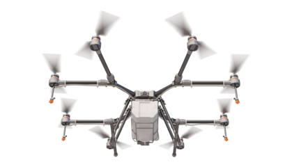 Flying farming drone, isolated on a transparent background. Bottom view. Farm technology. 3D illustration.