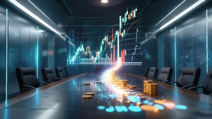Virtual holographic candlestick graph and coins on a modern conference table with chairs, representing financial profit and business strategy. Concept of successful investing