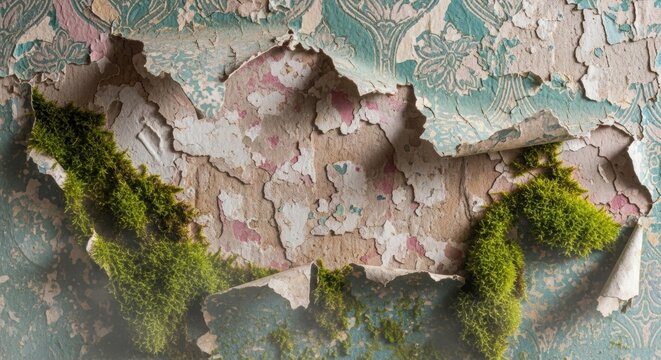 A stunning close-up of an old, damaged wall with peeling, intricate wallpaper and vibrant green moss growing on the surface. - Powered by Adobe