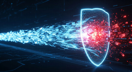 Cybersecurity shield deflecting digital attack, blue and red glowing particles, abstract digital concept showcasing data protection and security