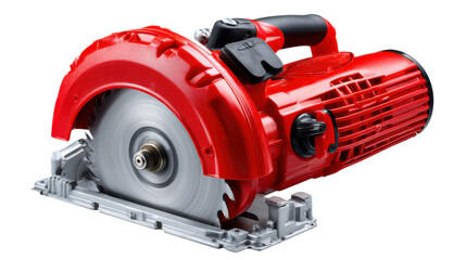 Fototapeta premium Red Circular Saw: A powerful red circular saw, a crucial tool for construction and woodworking projects, is displayed in a photorealistic manner, focusing on its design and potential