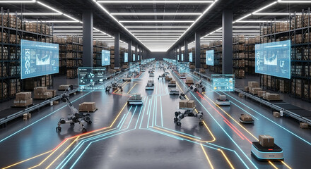 Automated warehouse with robots transporting packages along illuminated paths, showcasing efficient logistics and technological advancement in modern industry