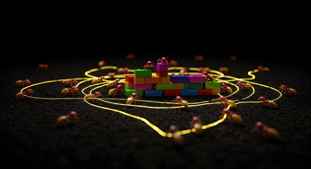 Collective intelligence of an ant colony constructing with colorful blocks, connected by a luminous network