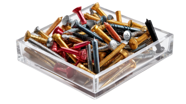 Assorted Metal Tacks in Acrylic Container: A captivating assortment of vibrant, metallic tacks fills a transparent acrylic container, providing a visual feast of colors and textures.