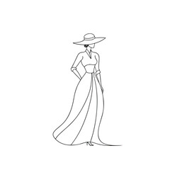 Lady in Long Dress and Hat &ndash; Fashion Model lineart

