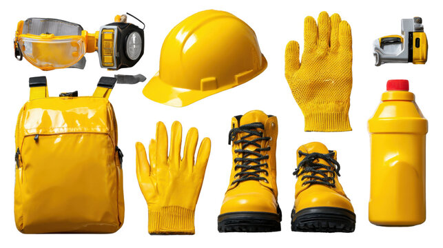 Safety Gear Assemblage: A comprehensive array of essential construction safety gear in a uniform yellow hue. This image captures the vital elements needed for a secure and protected work environment.