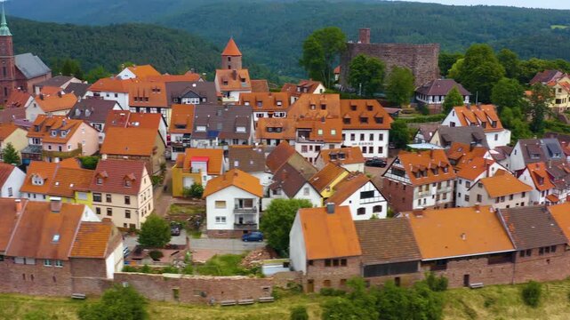 Aerial panorama view around the city and Dilsberg Castle in Germany beside the neckar river. On a sunny spring day.