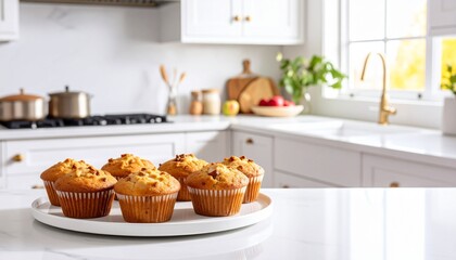 Delicious Golden Muffins on White Plate in Bright Kitchen