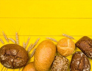 Top View of Rustic Bread Rolls and Barley Stalks on Bright Yellow Background