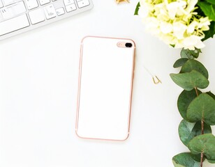 Top View of Soft Pink Mobile Phone with Fresh Potted Plant on Clean Desk Background